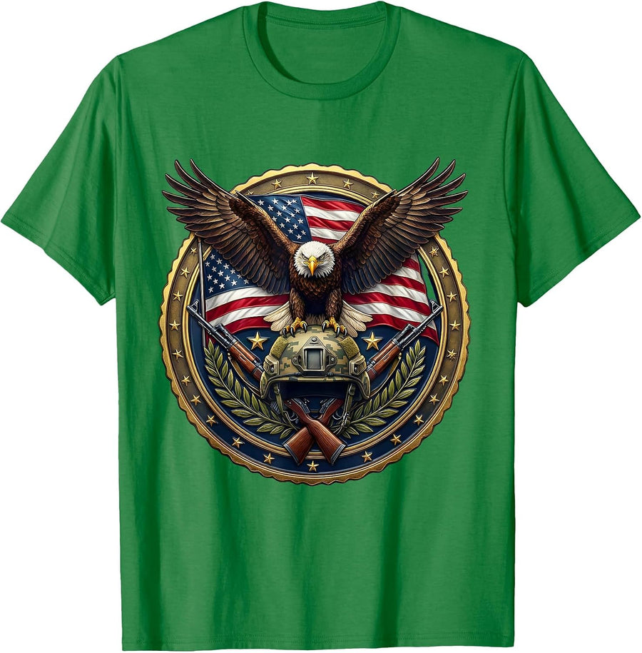 Men's Bald Eagle on Military Helmet Patriotic Design T-Shirt - Kelly Green