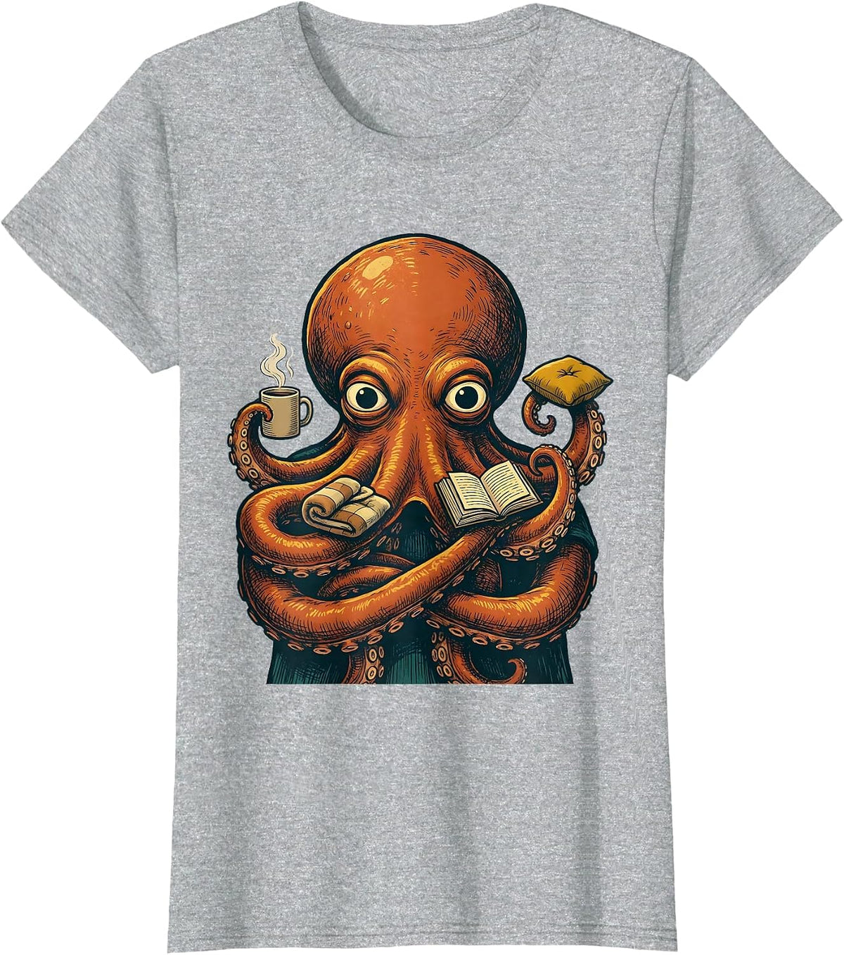 Storybook Octopus Cozy Objects Illustration Ocean Animal T-Shirt - Heather Grey
