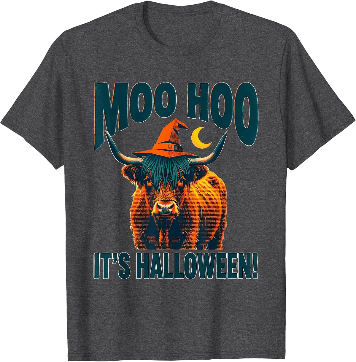 Moo Hoo, It's Halloween! Whimsical Highland Cow Fall T-Shirt - Dark Heather Grey