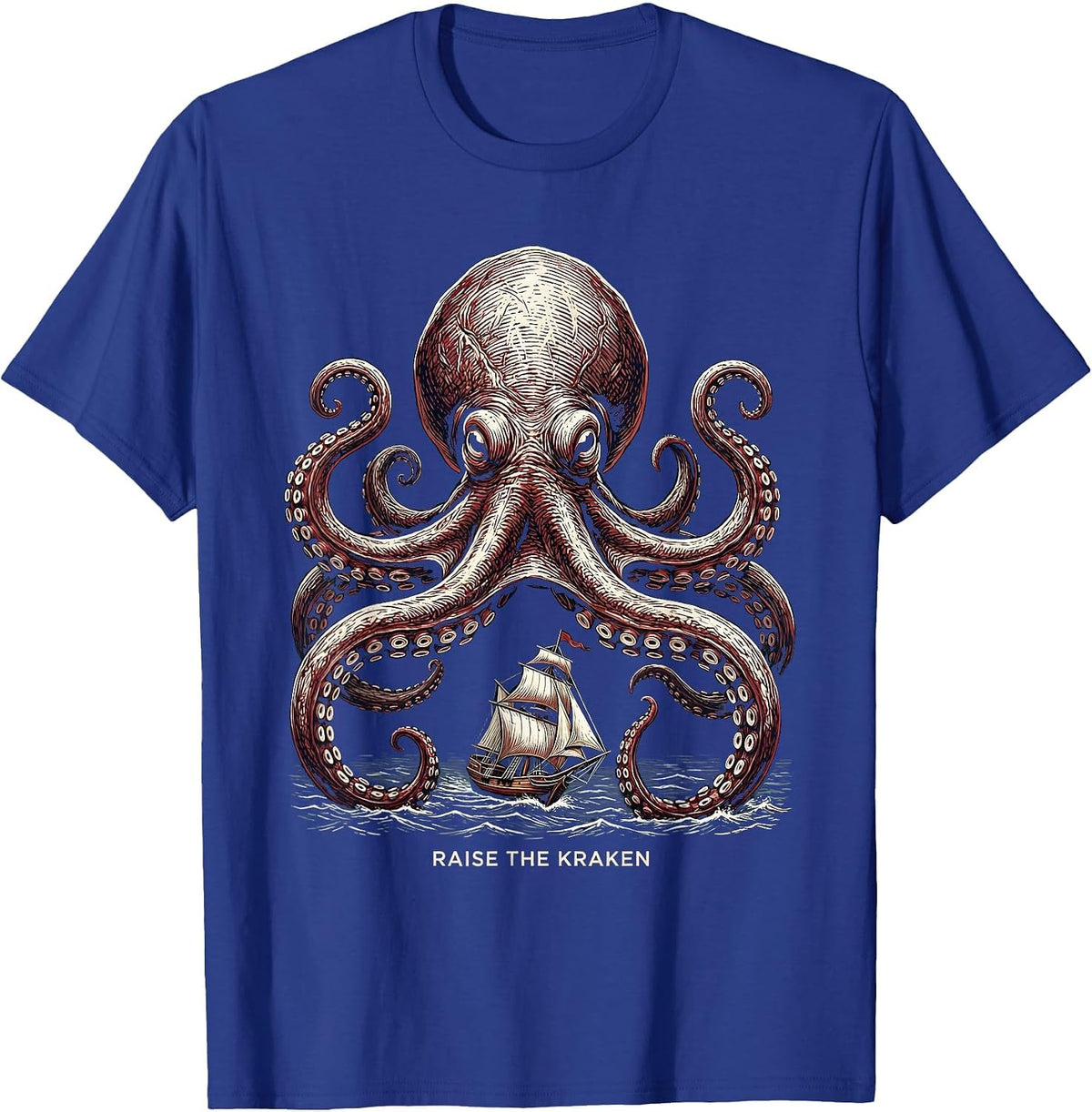 Raise The Kraken Woodcut Engraving Octopus Lover Marine T-Shirt - Royal Blue
