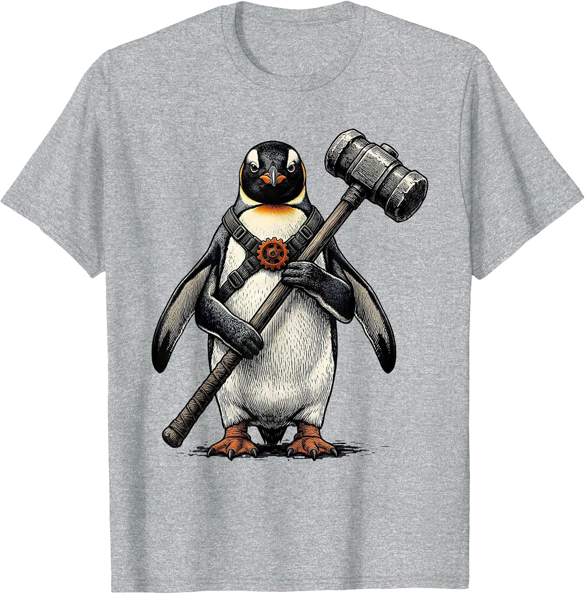 Men's Stubby Penguin With Mace Funny Bird Meme Humor T-Shirt - Heather Grey