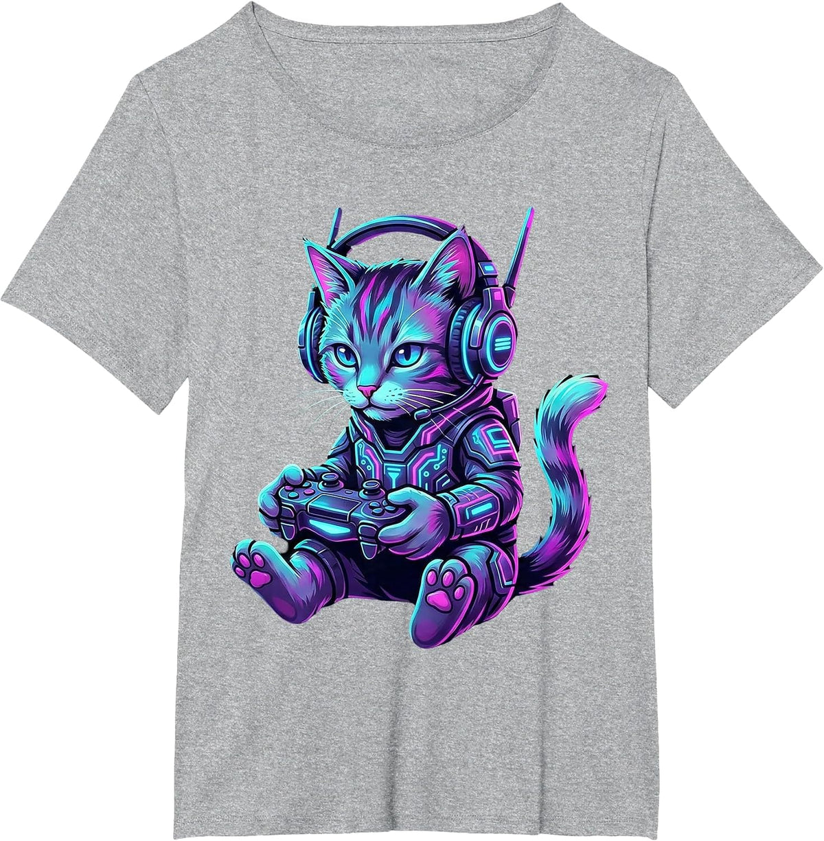 Funny Cyberpunk Cat Gamer Teen Boy Video Gaming for Men Kids T-Shirt - Heather Grey
