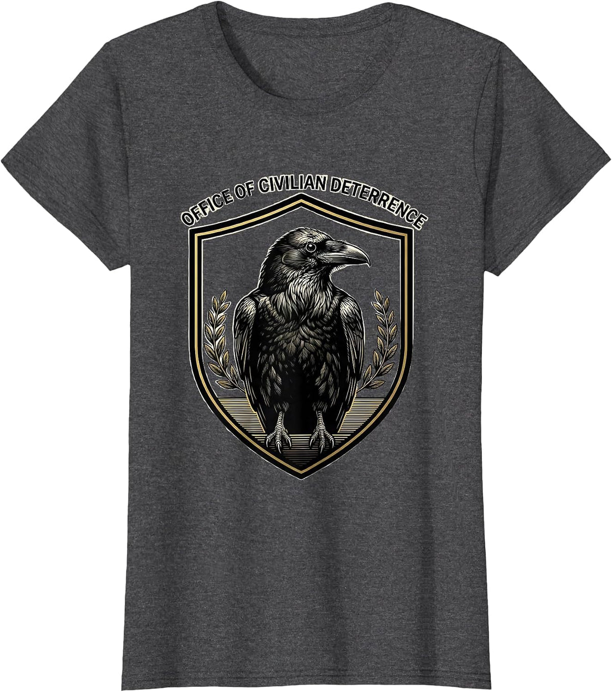Women's OFFICE OF CIVILIAN DETERRENCE Funny Crow Dark Humor Gothic T-Shirt - Dark Heather Grey