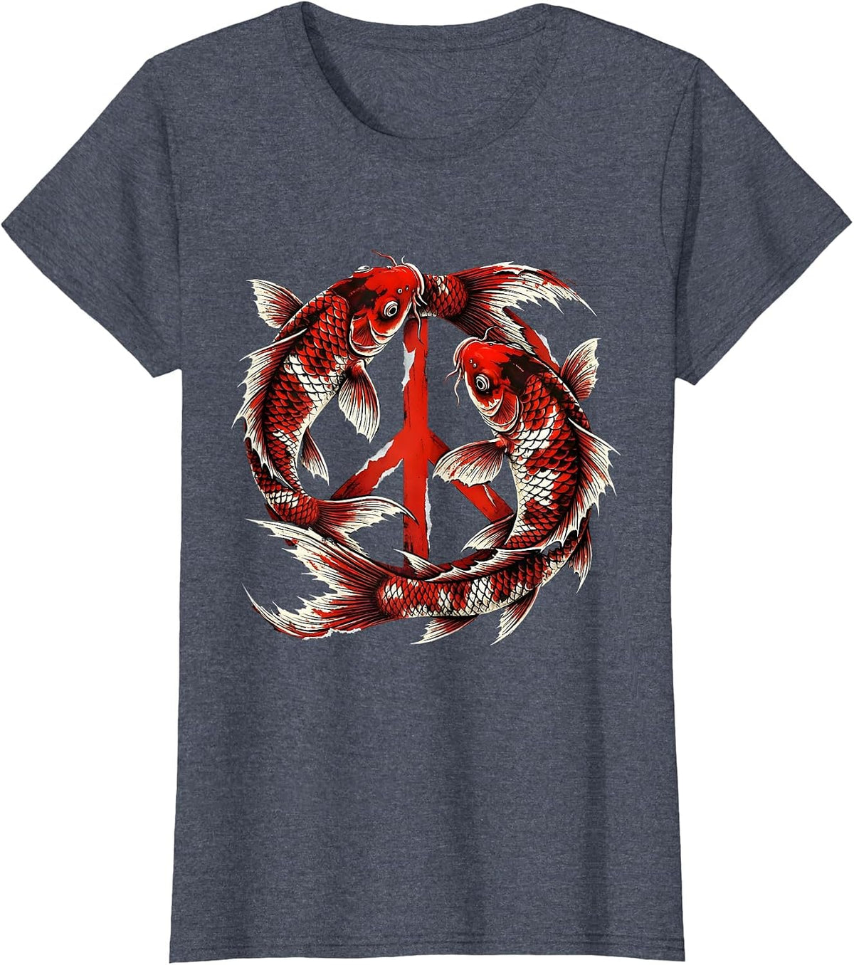 Women's Koi Fish Peace Sign Graphic Design T-Shirt - Heather Blue