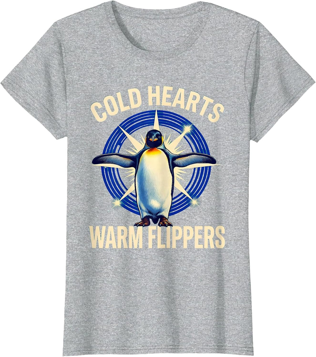 Women's Cold Hearts Warm Flippers Penguin Design T-Shirt - Heather Grey