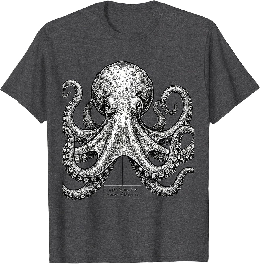 Men's Eight Arms, One Master of Disguise Playful Octopus Lover T-Shirt - Dark Heather Grey