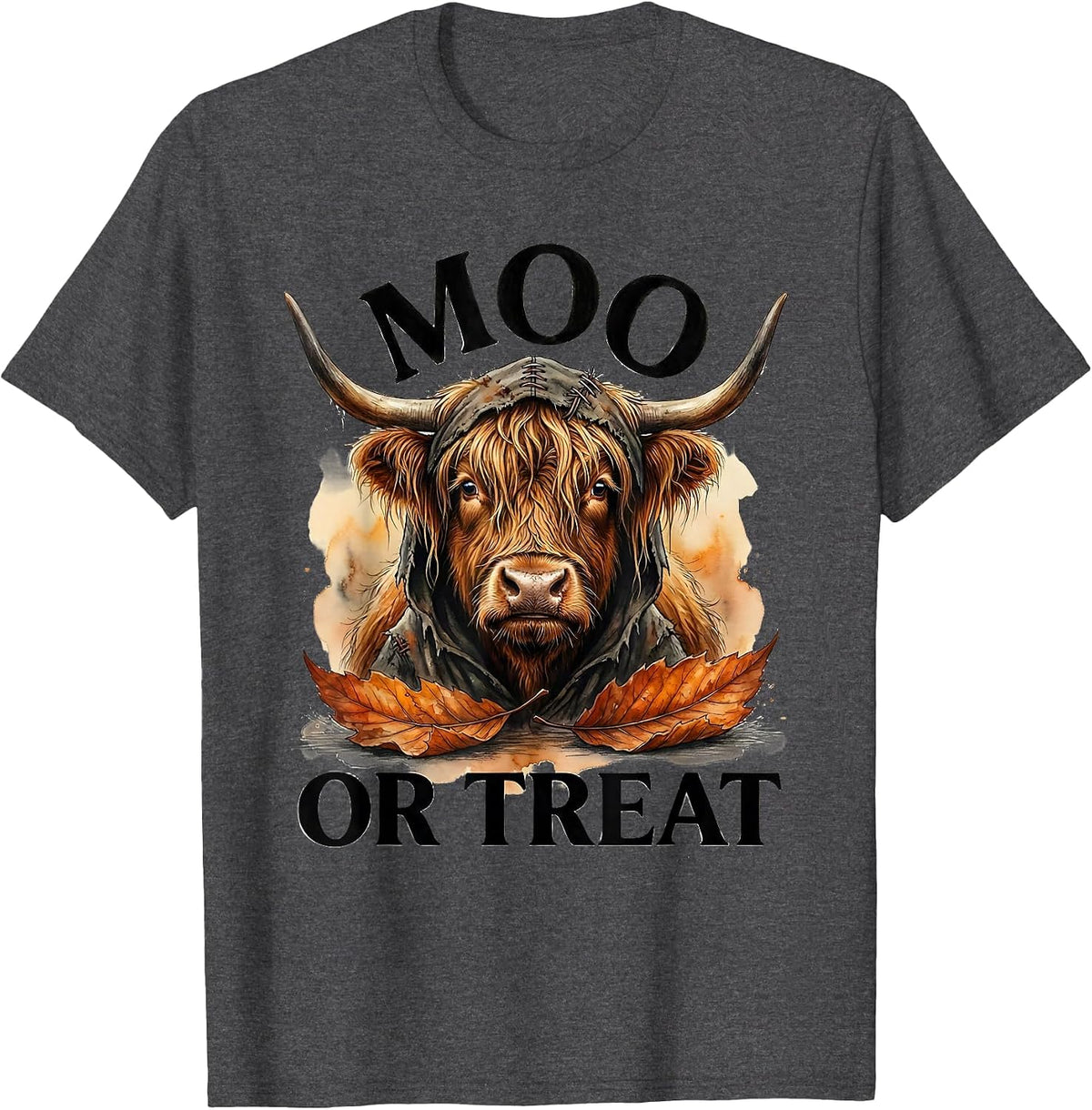 Men's Moo Or Treat Watercolor Highland Cow Halloween Fall Costume T-Shirt - Dark Heather Grey
