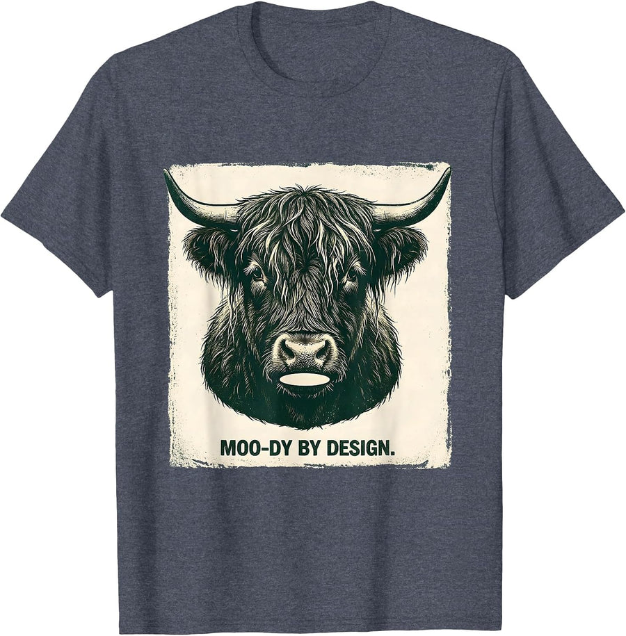 Moo-Dy By Design Funny Highland Cow Farm Animal Humor T-Shirt - Heather Blue