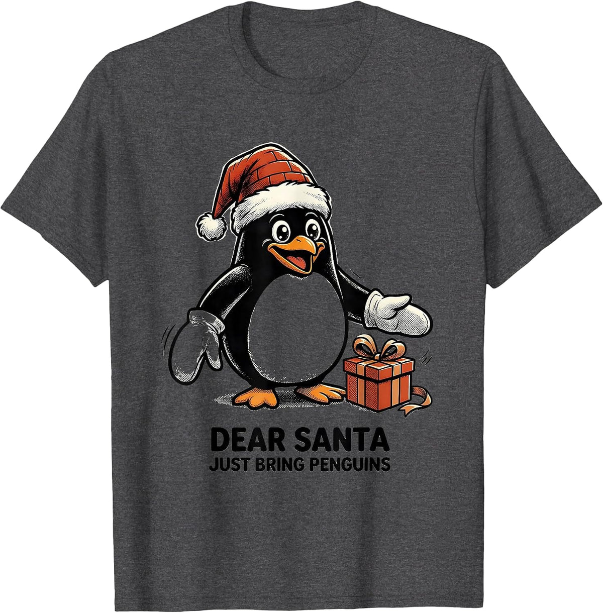 Dear Santa Just Bring Penguins Retro Cartoon Penguin Lover T-Shirt - Dark Heather Grey