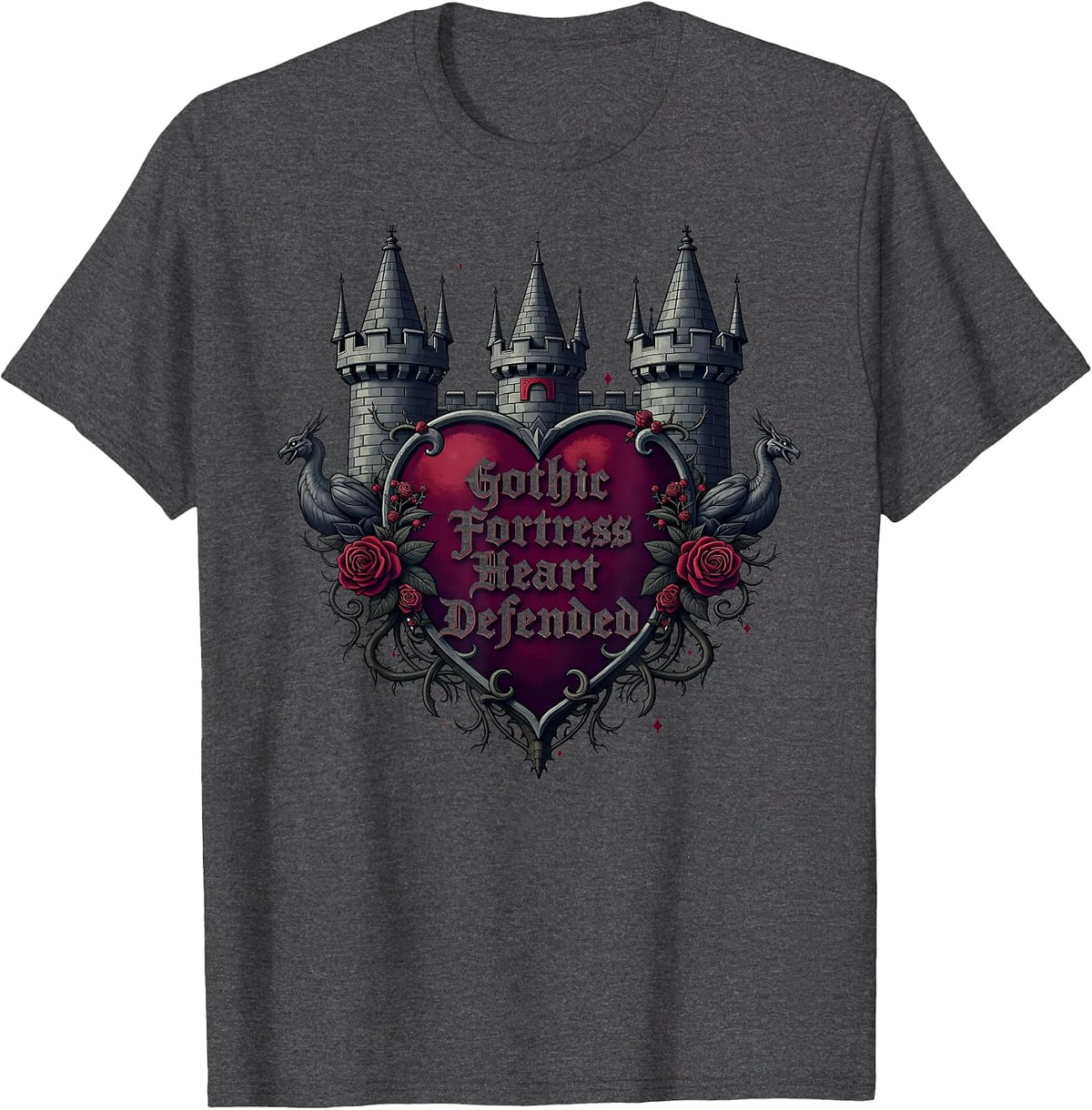 Gothic Fortress Heart Defended Dark Romance T-Shirt - Dark Heather Grey