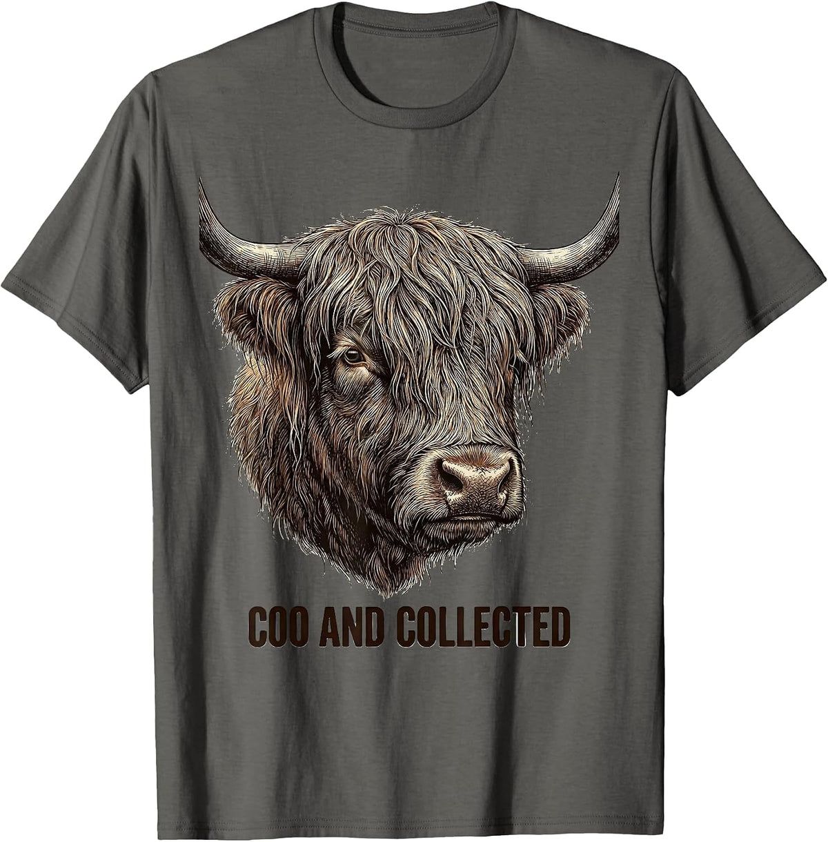 Coo And Collected Crosshatch Etching Highland Cow Humor T-Shirt - Asphalt Grey
