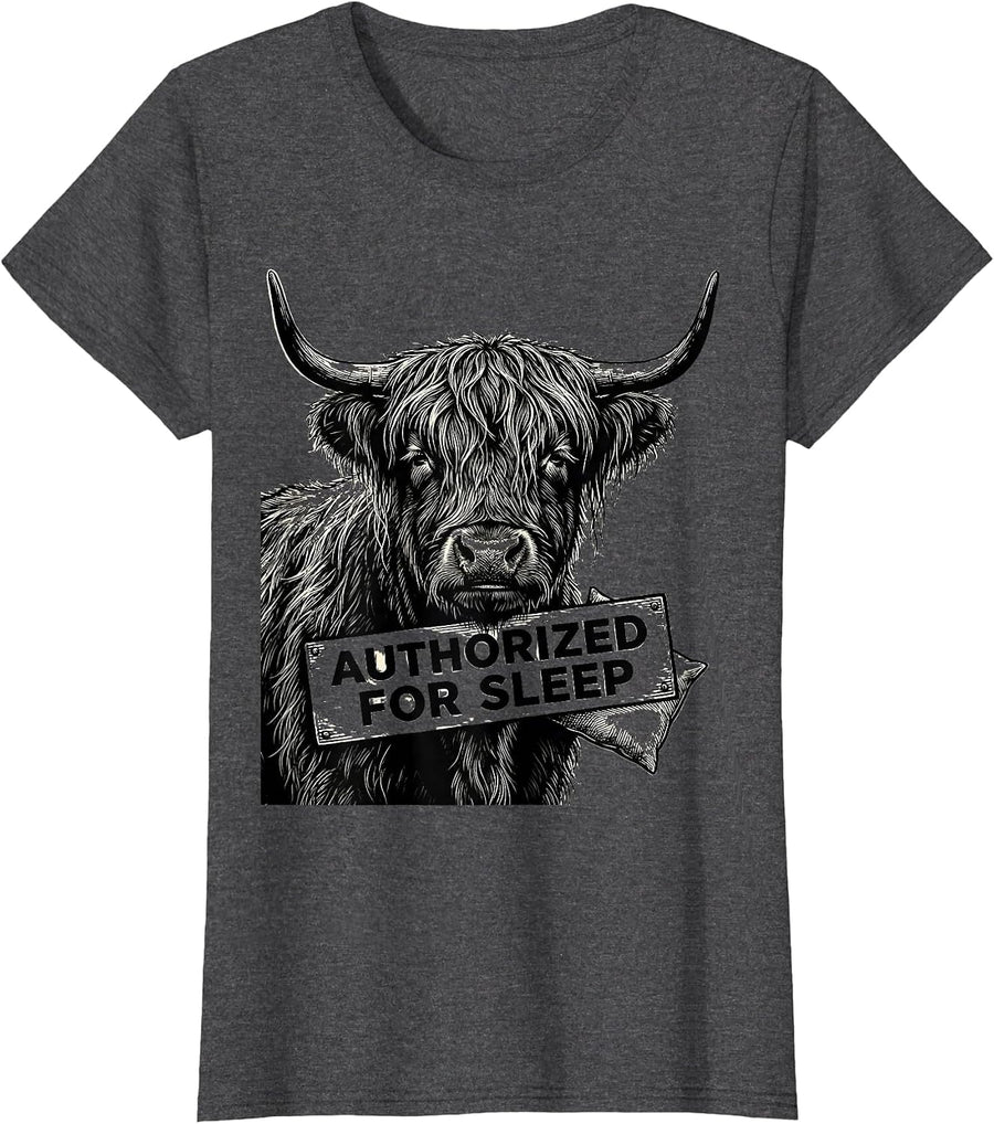 Women's Authorized For Sleep Scratchboard Highland Cow Attitude T-Shirt - Dark Heather Grey