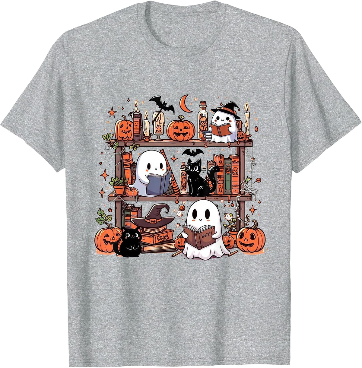 Vintage Bookish Ghost Cute Halloween Reading Romance Spooky T-Shirt - Heather Grey