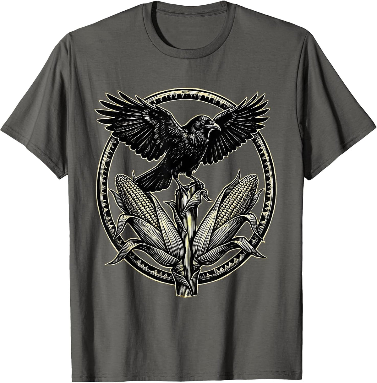 Crow Perched on Corn Stalk Harvest Illustration T-Shirt - Asphalt Grey