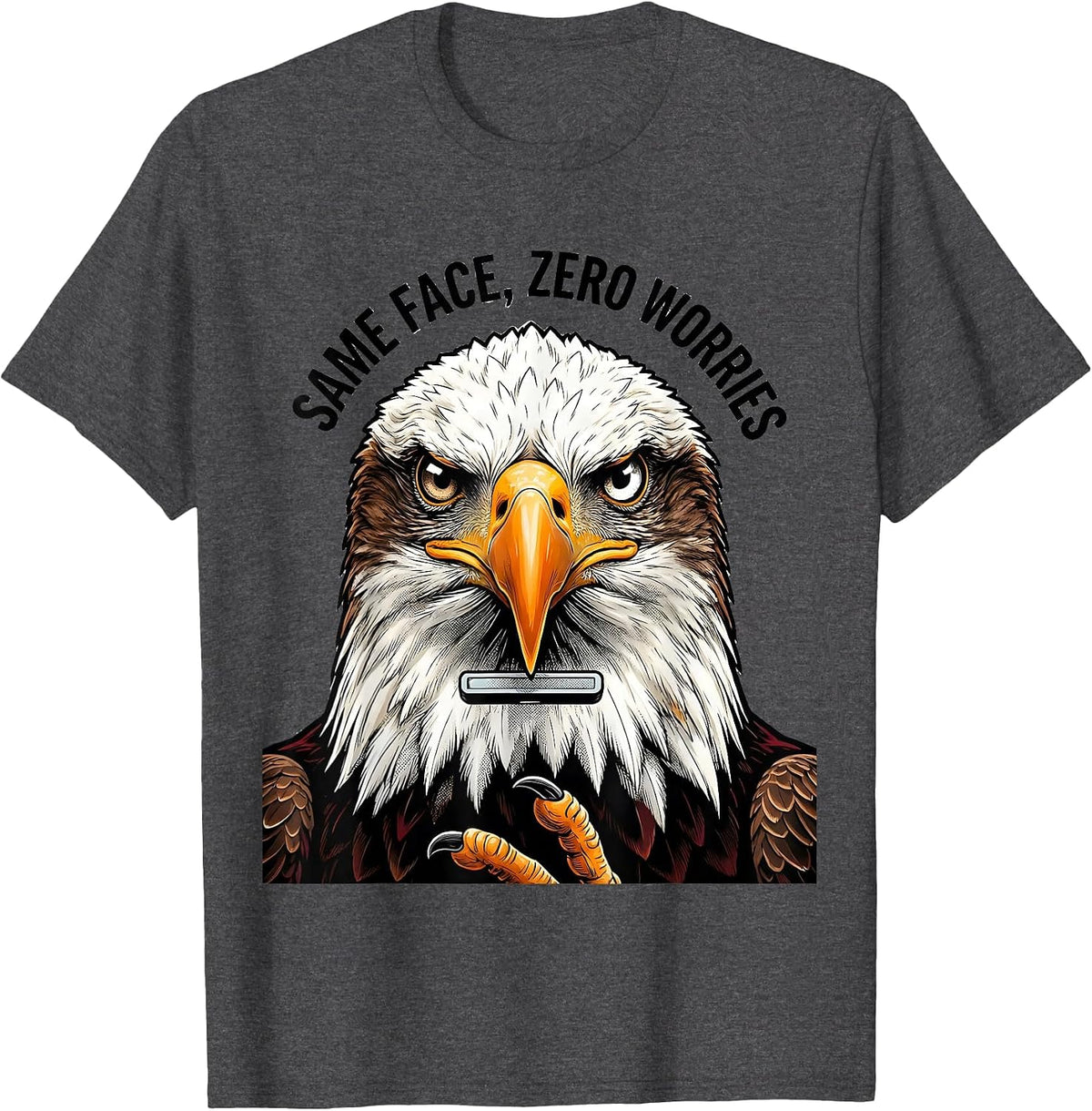 Men's Same Face Zero Worries Comic Book Bald Eagle Mascot Humor T-Shirt - Dark Heather Grey