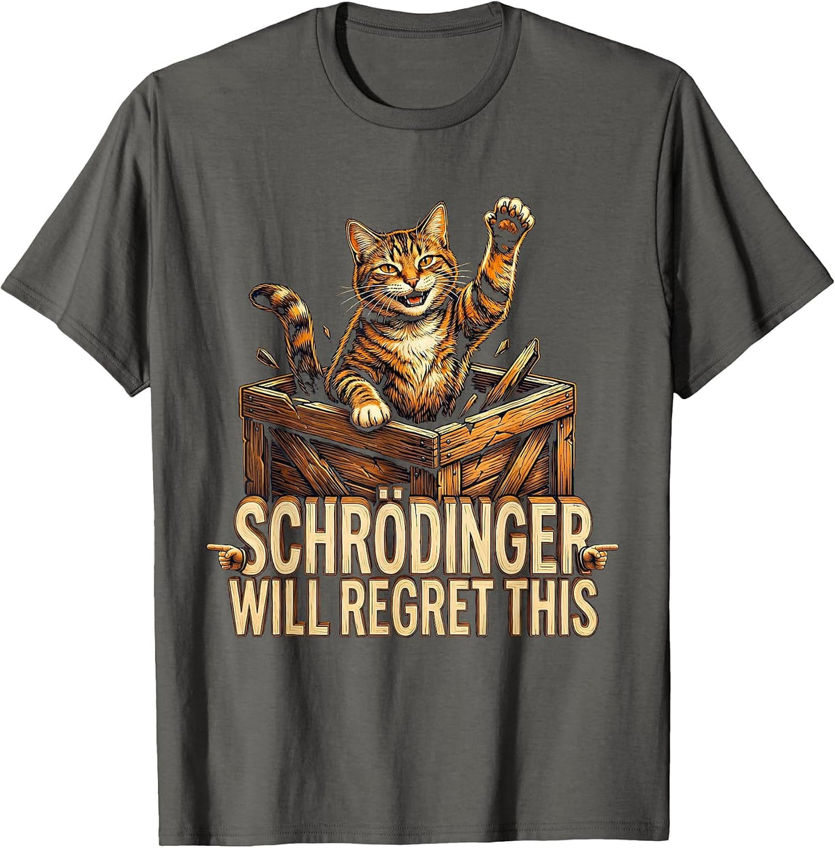Schrödinger Will Regret This Funny Physics Cat Lover Humor T-Shirt - Asphalt Grey