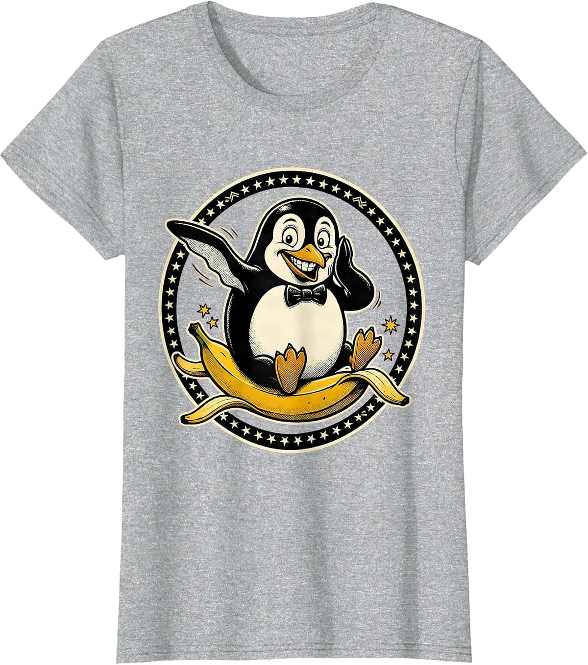 Graceful Penguin Banana Peel Slip Funny Graphic T-Shirt - Heather Grey