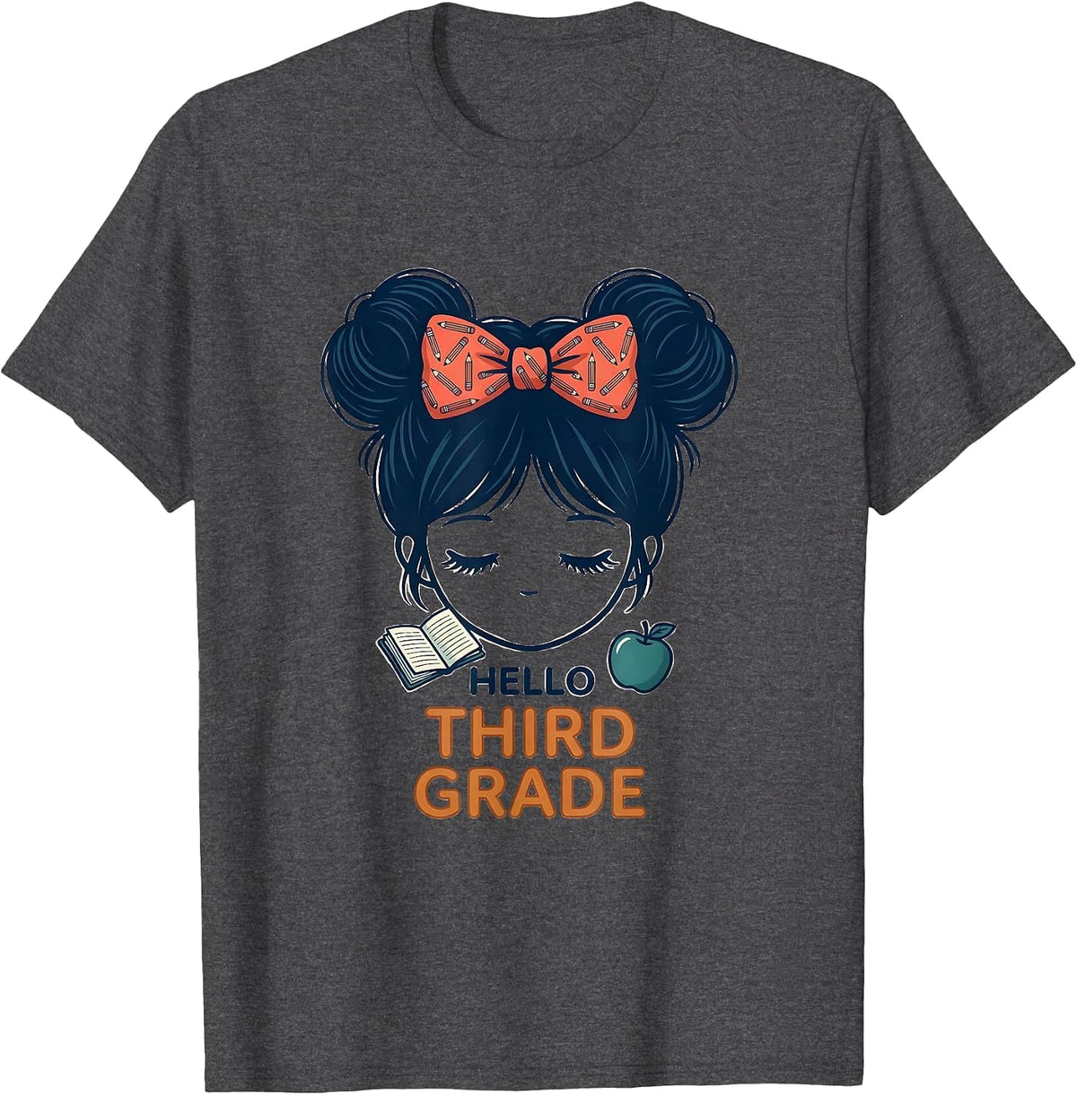 Hello Third Grade Back To School Messy Bun Girls Teacher T-Shirt - Dark Heather Grey