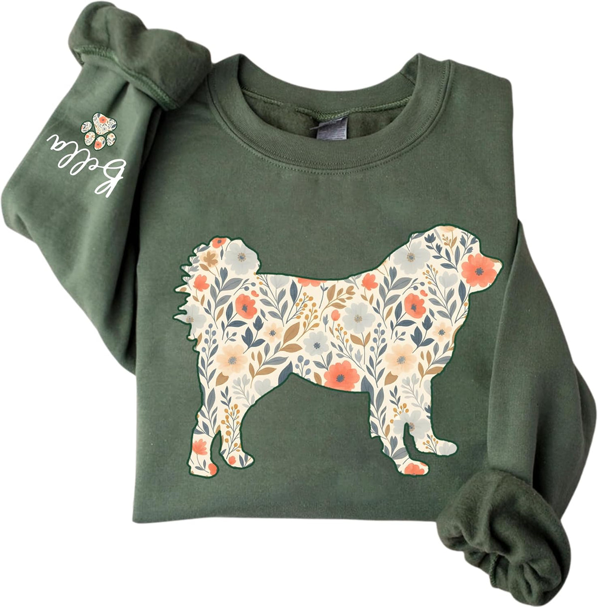 Personalized Floral Dogs Sweatshirt for Women, Custom Pet Name on Sleeve, Dog Mom Gift, Gifts for Dog Lovers - Caucasian