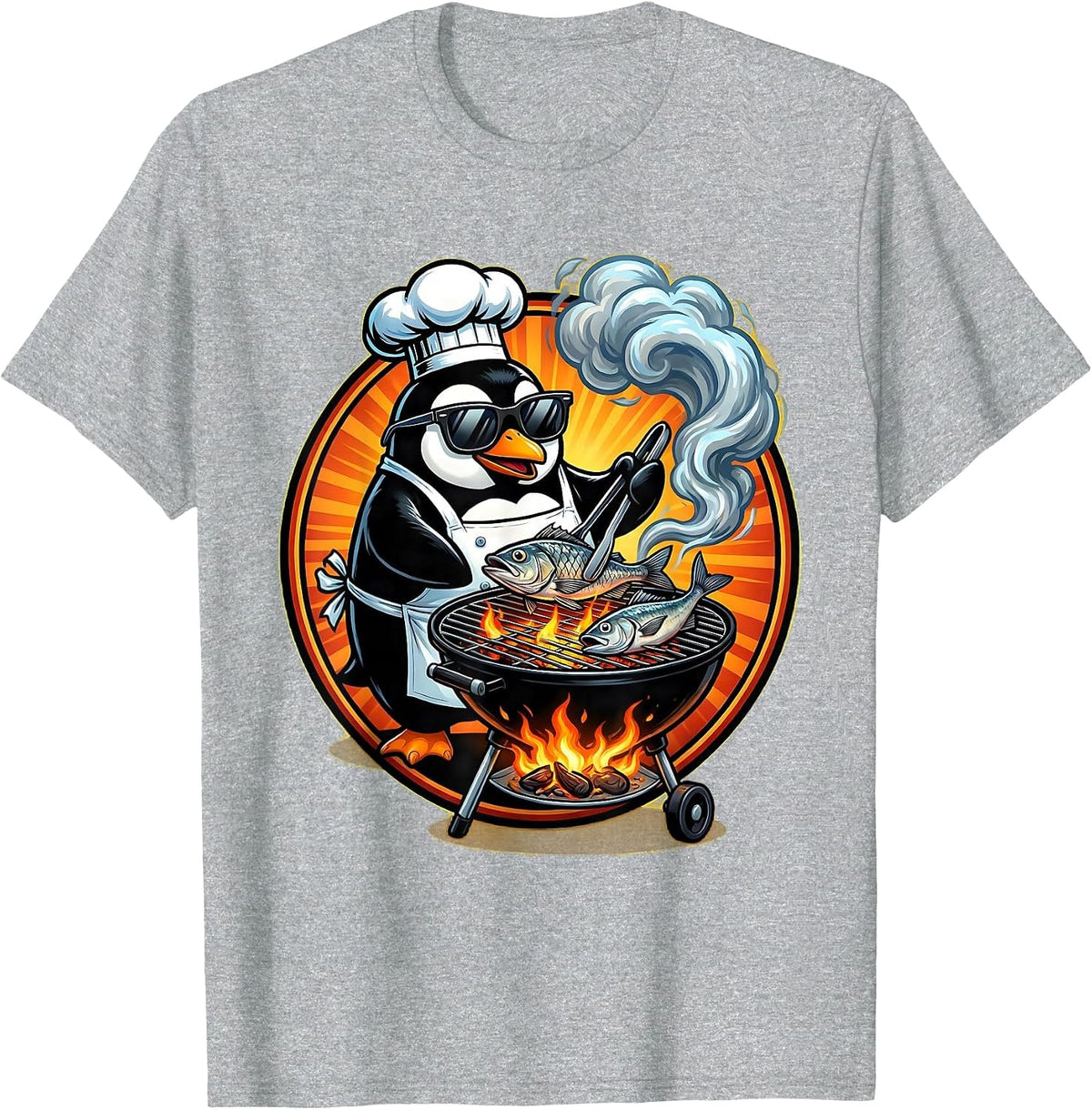 Men's Penguin Grilling Fish Summer BBQ Funny Design T-Shirt - Heather Grey