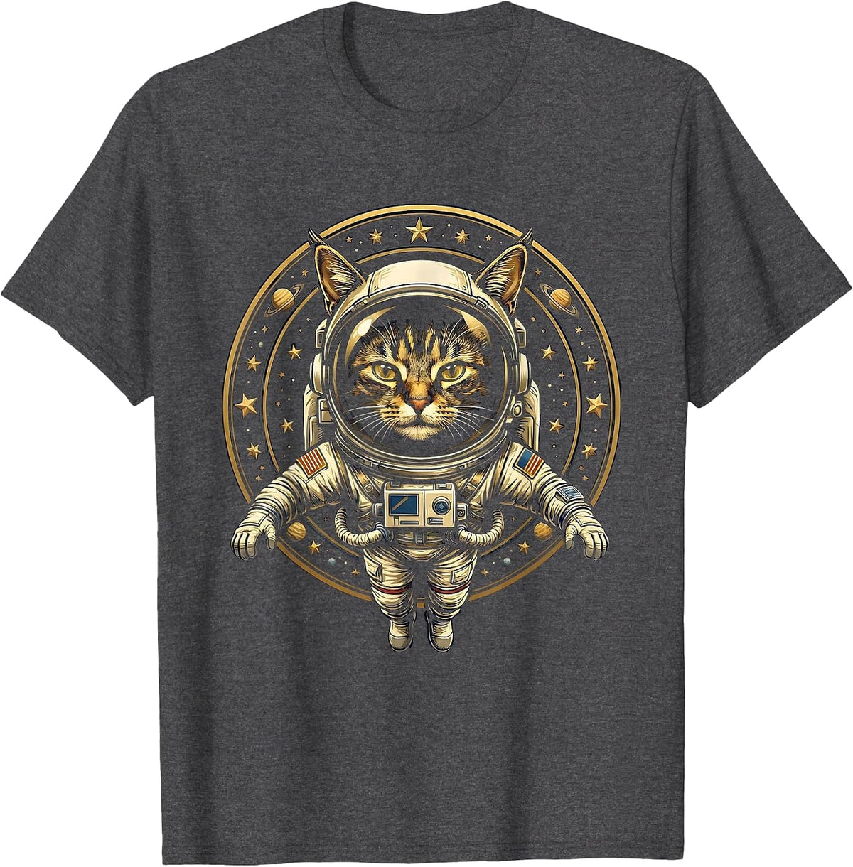 Men's Cat Astronaut Floating in Space Illustration T-Shirt - Dark Heather Grey