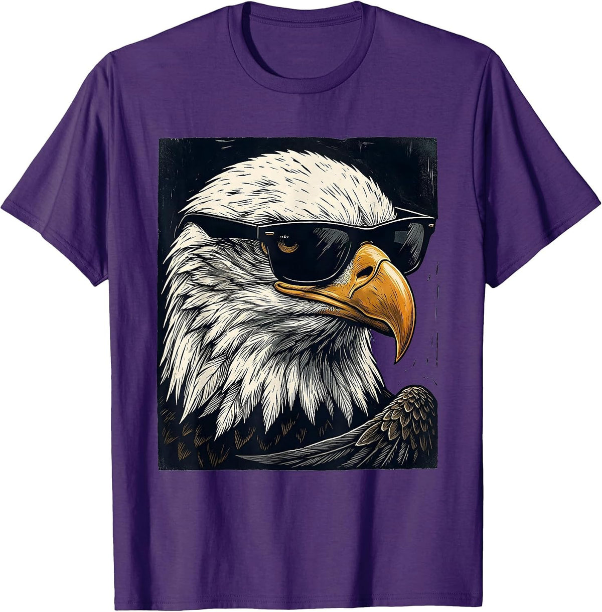 Bald Eagle Sunglasses Linocut Mascot Humor T-Shirt - Purple