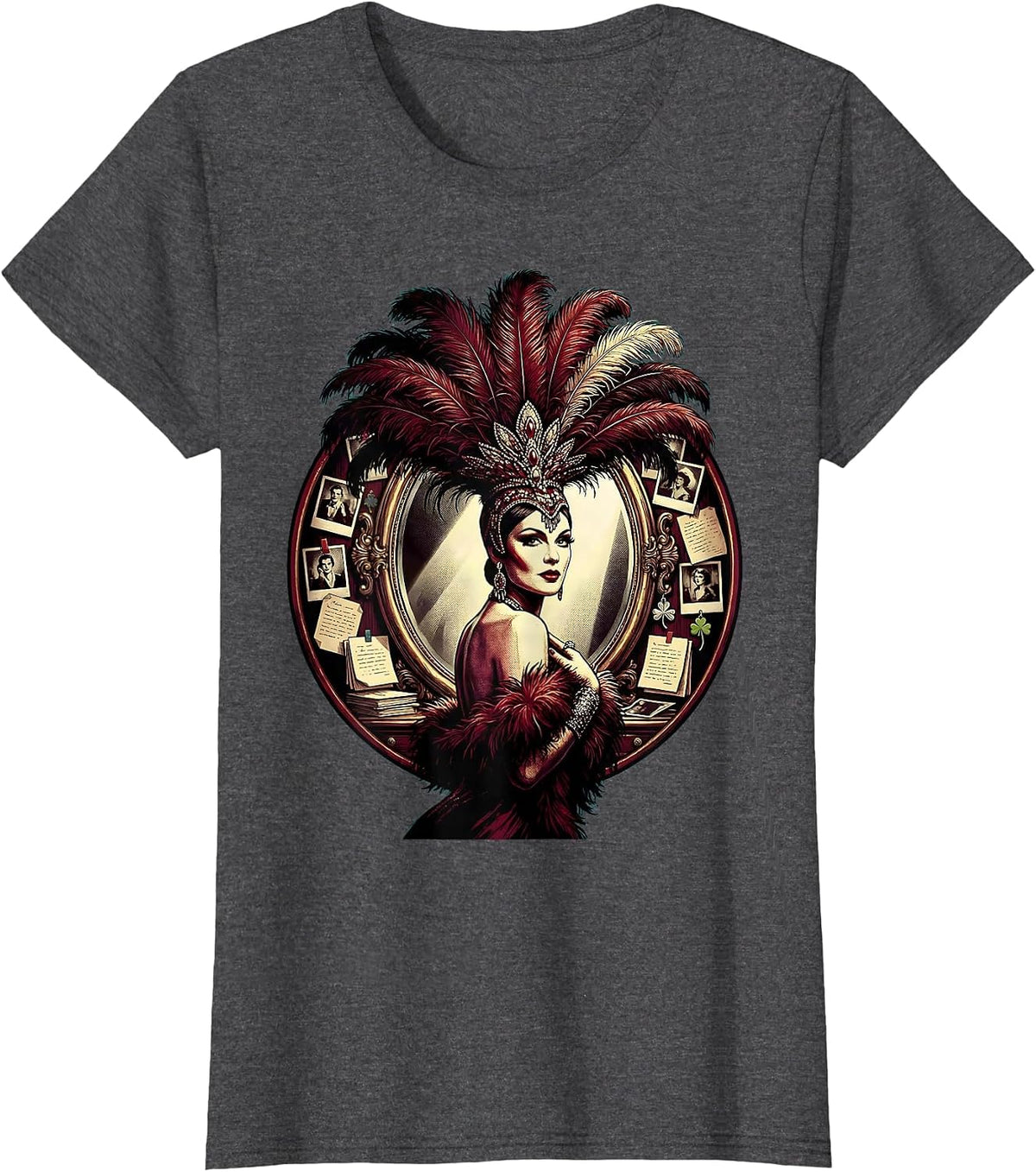 Women's Showgirl Backstage Mirror Illustration Graphic T-Shirt - Dark Heather Grey