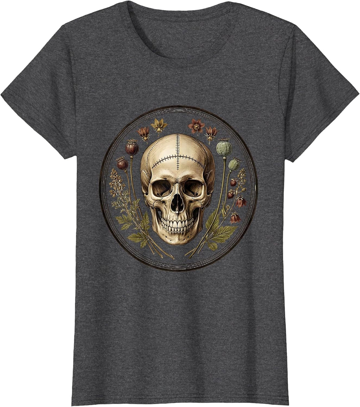 Women's Grinning Skull Surgical Scar Dark Humor Graphic T-Shirt - Dark Heather Grey