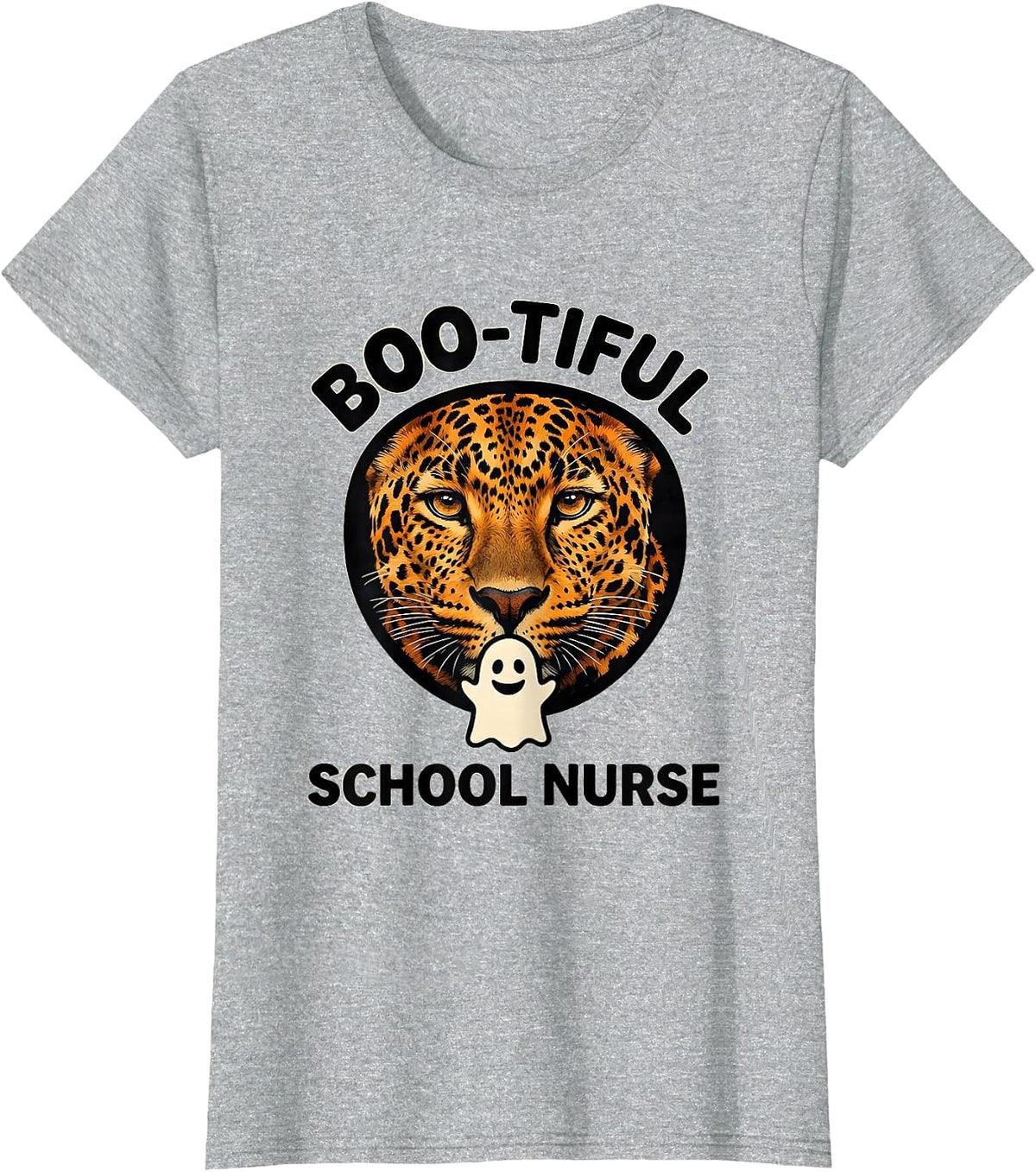 Boo-tiful School Nurse Funny Leopard Halloween Costume T-Shirt - Heather Grey