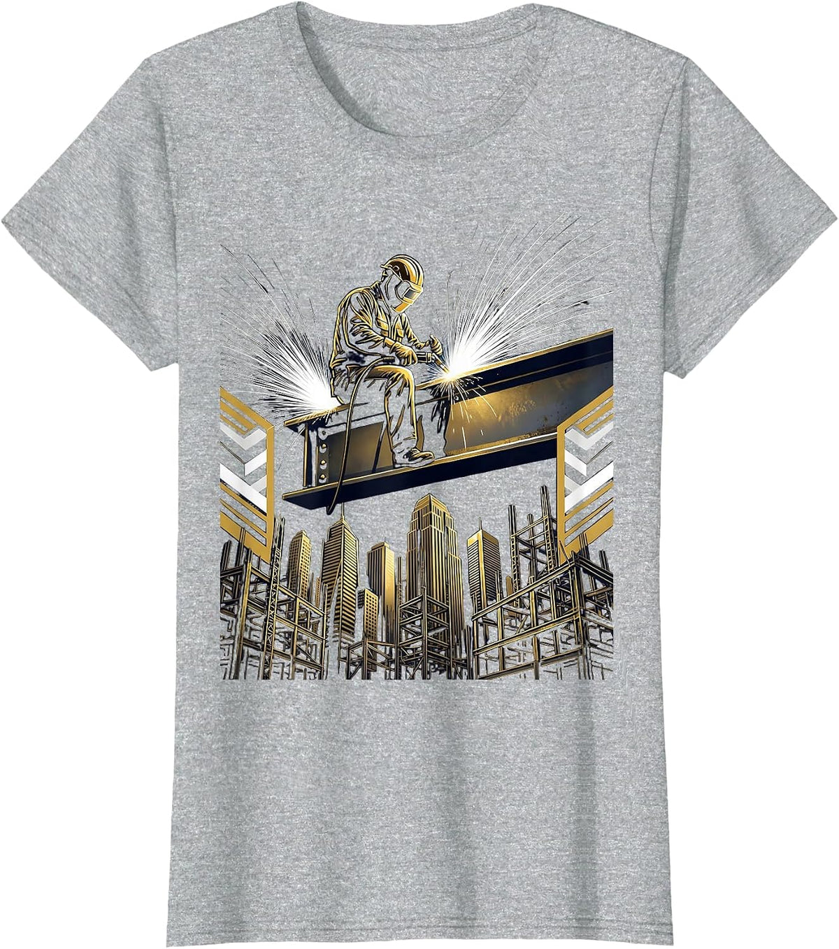 Iron Worker Welding Atop Steel Beam Skyline T-Shirt - Heather Grey