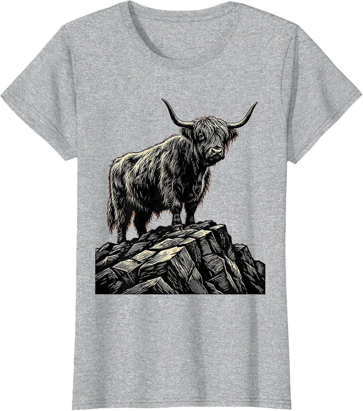 Highland Cow Mountain Peak Graphic T-Shirt - Heather Grey