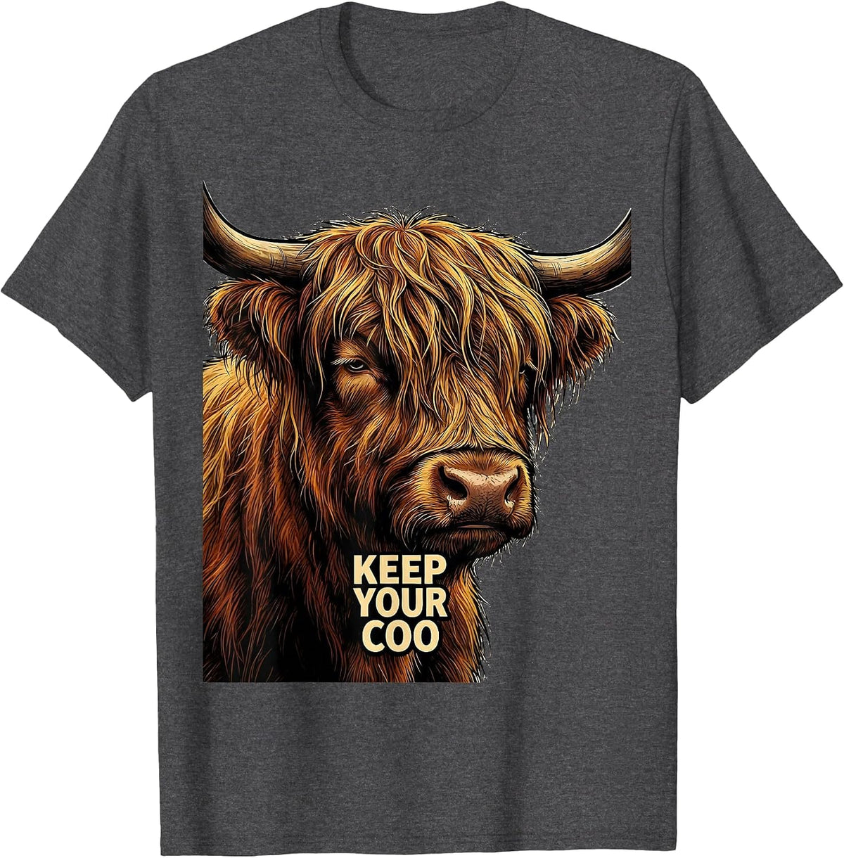 Men's Keep Your Coo Funny Highland Cow Cartoon Humor T-Shirt - Dark Heather Grey