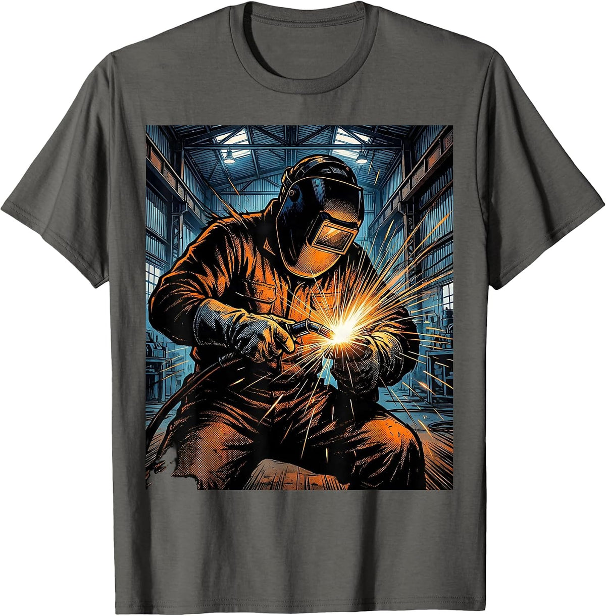 Welder Silhouette Industrial Warehouse Graphic T-Shirt - Asphalt Grey