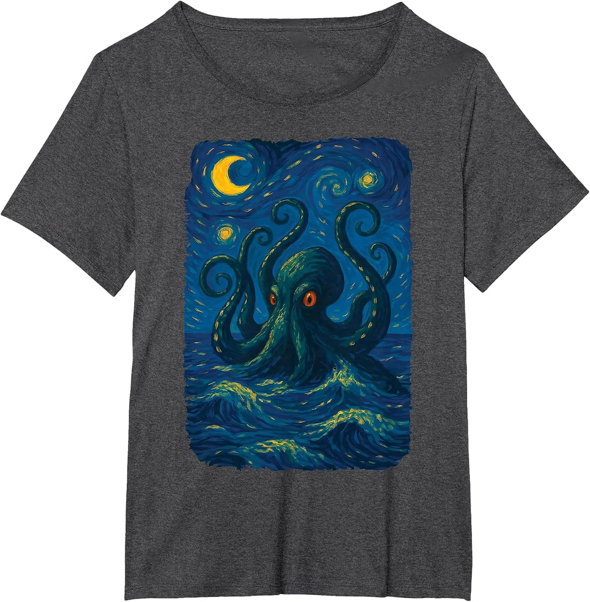 Starry Night Kraken Ocean Art Van Gogh Octopus Sea Monster T-Shirt - Dark Heather Grey