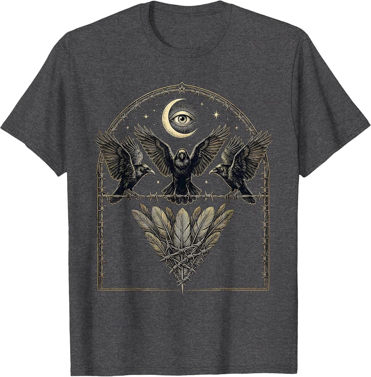 Crows on Barbed Wire Dark Horror Illustration T-Shirt - Dark Heather Grey