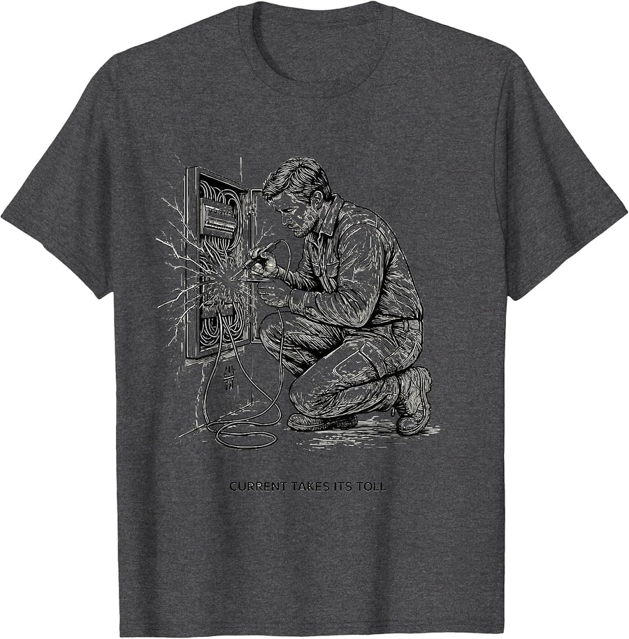 Men's Current Takes Its Toll Funny Electrician Lineman Trade Humor T-Shirt - Dark Heather Grey