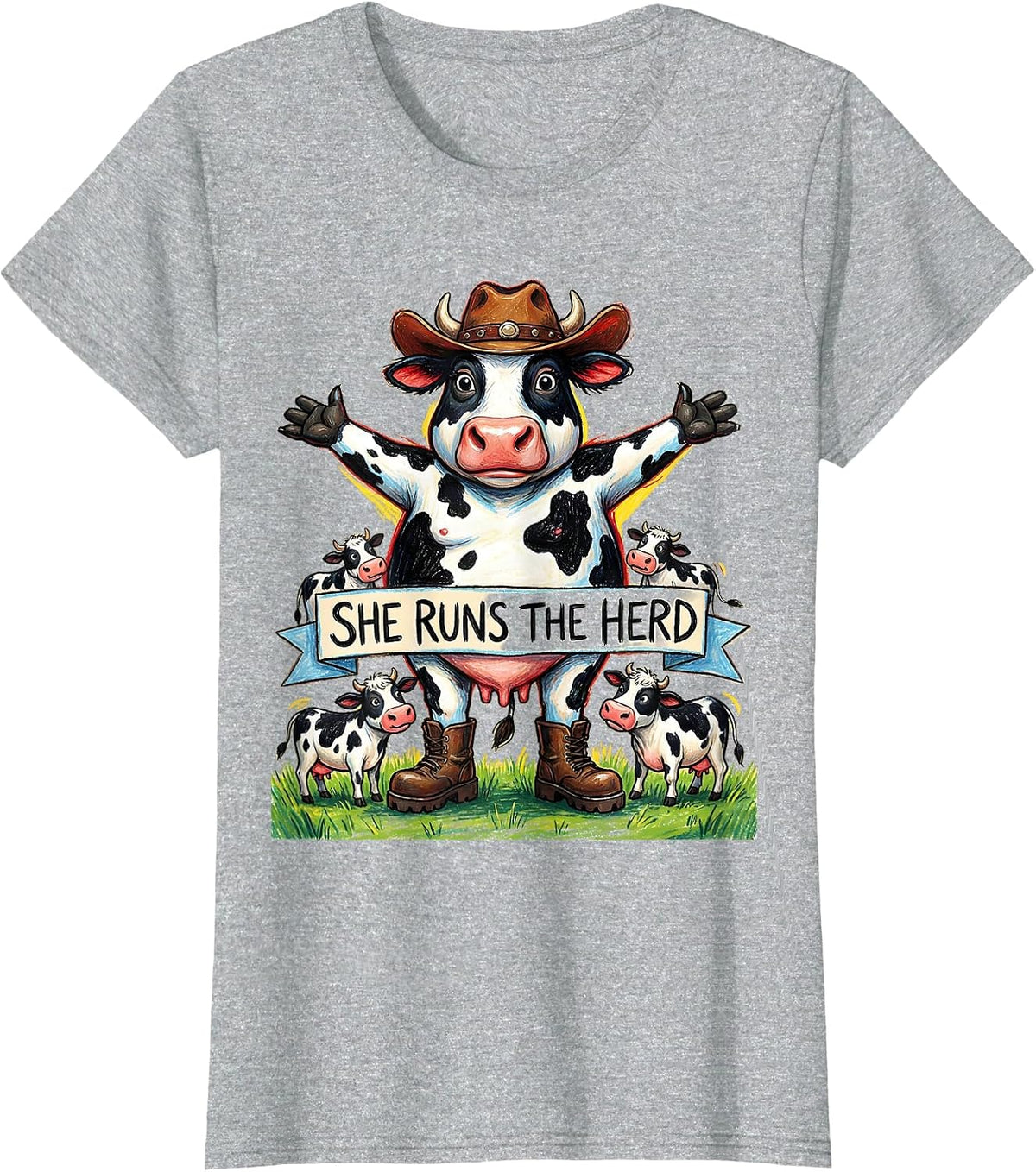 Women's She Runs The Herd Cow Lover Design T-Shirt - Heather Grey