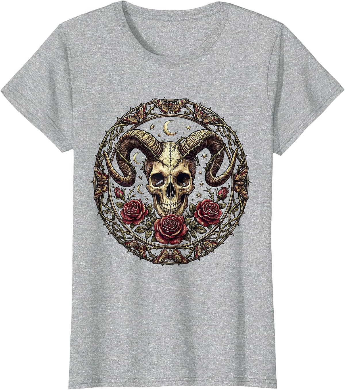 Women's Skull Ram Horns and Roses Gothic Dark Art Design T-Shirt - Heather Grey