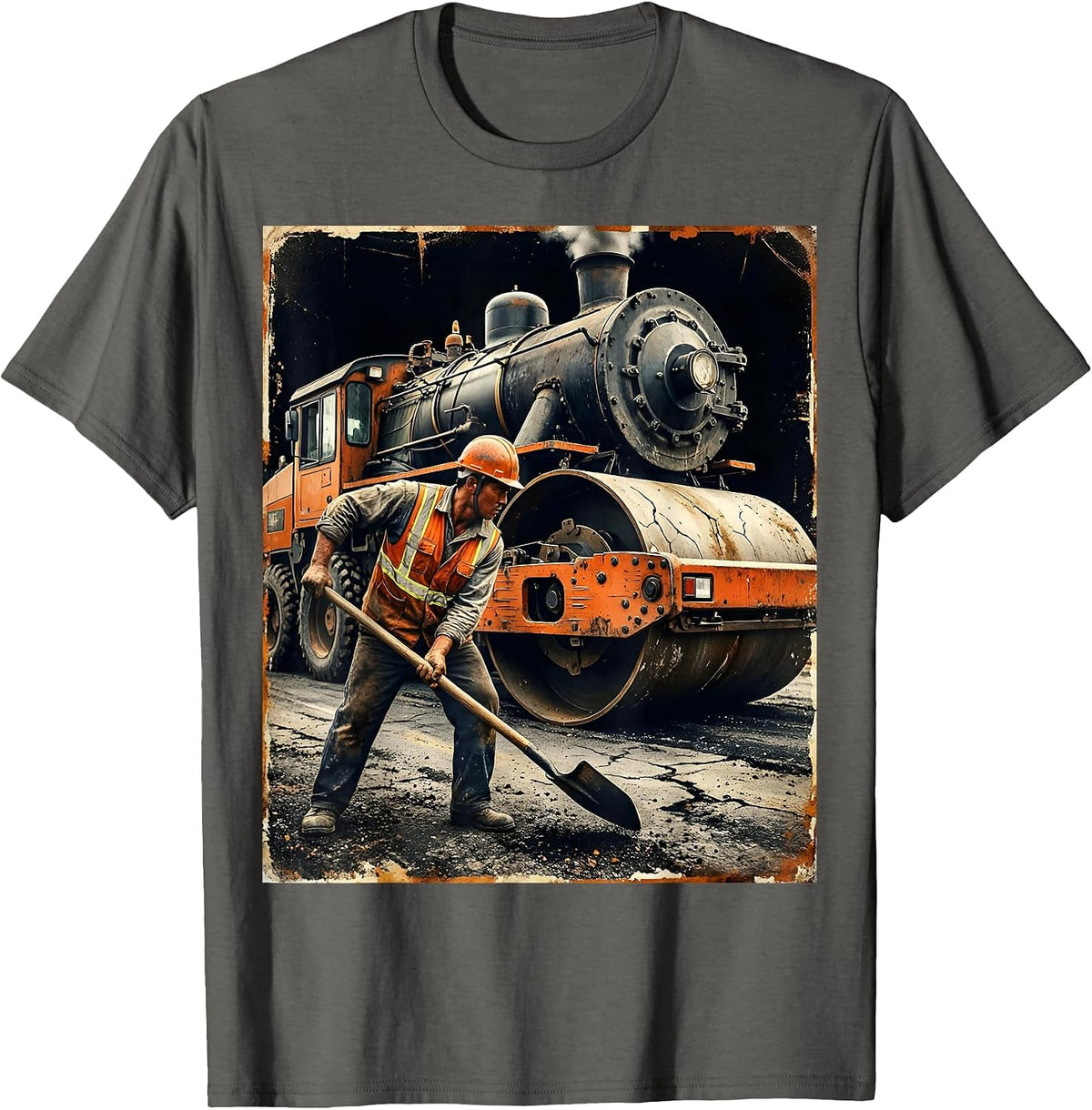Labor Day Road Paver Steam Roller Graphic T-Shirt - Asphalt Grey