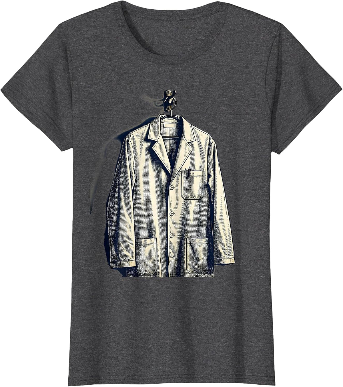 Women's Doctor White Coat on Hook Medical Assistant Gift T-Shirt - Dark Heather Grey