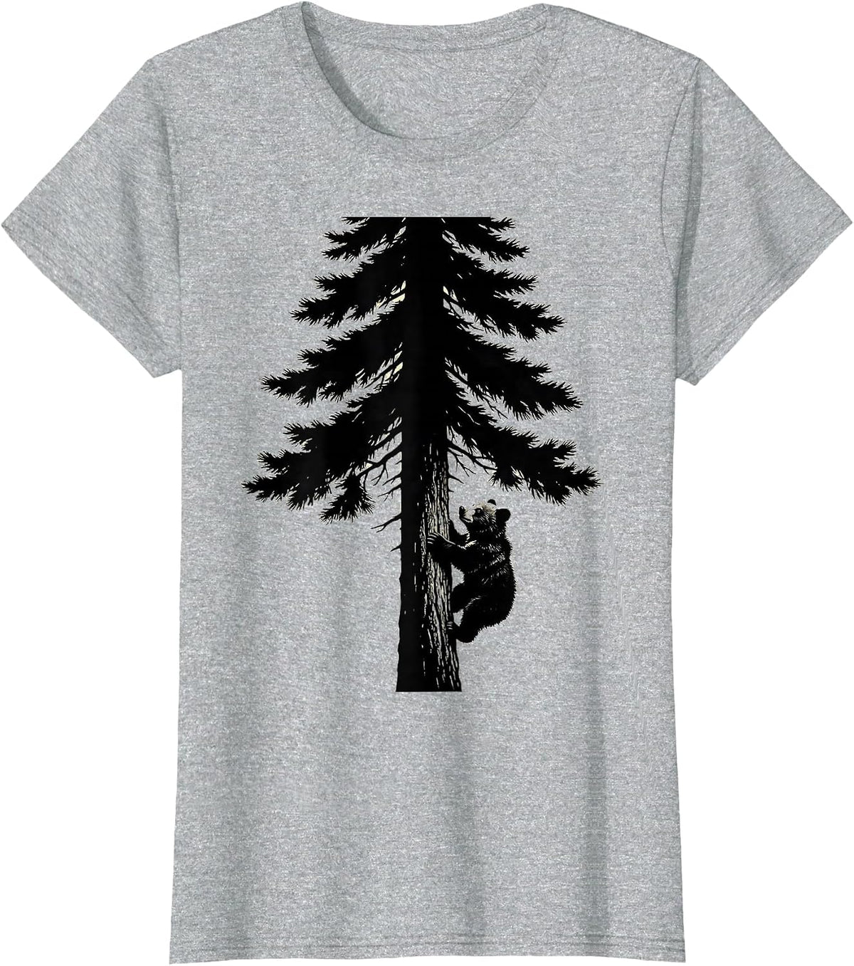 Bear Cub Climbing Pine Tree Nature Illustration T-Shirt - Heather Grey
