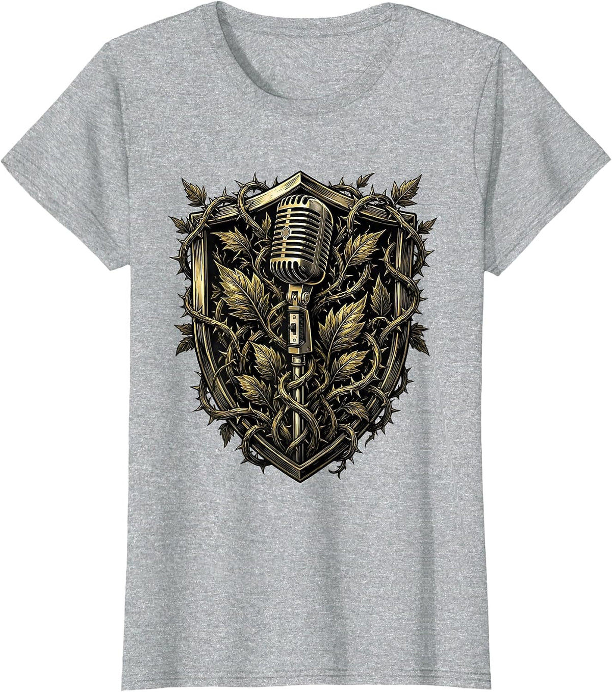 90s Rock Microphone Vines Dark Botanical Design T-Shirt - Heather Grey