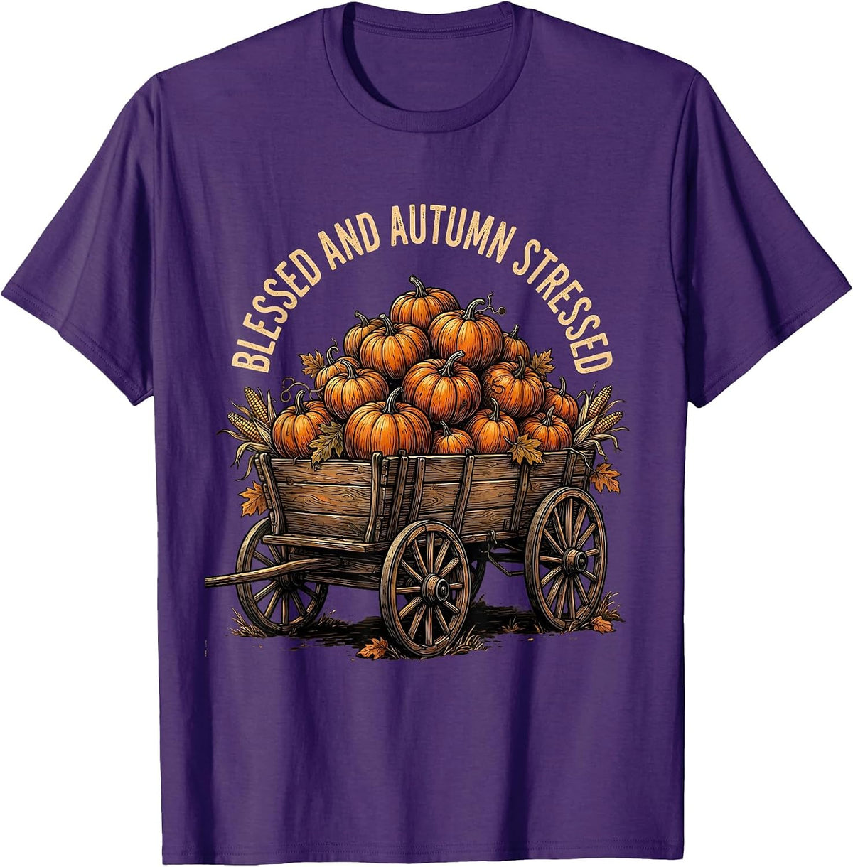 Blessed and Autumn Stressed Pumpkin Wagon Design T-Shirt - Purple