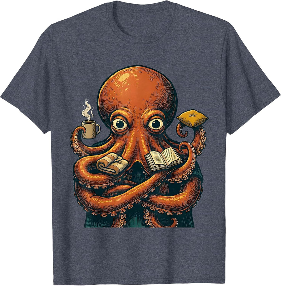 Storybook Octopus Cozy Objects Illustration Ocean Animal T-Shirt - Heather Blue