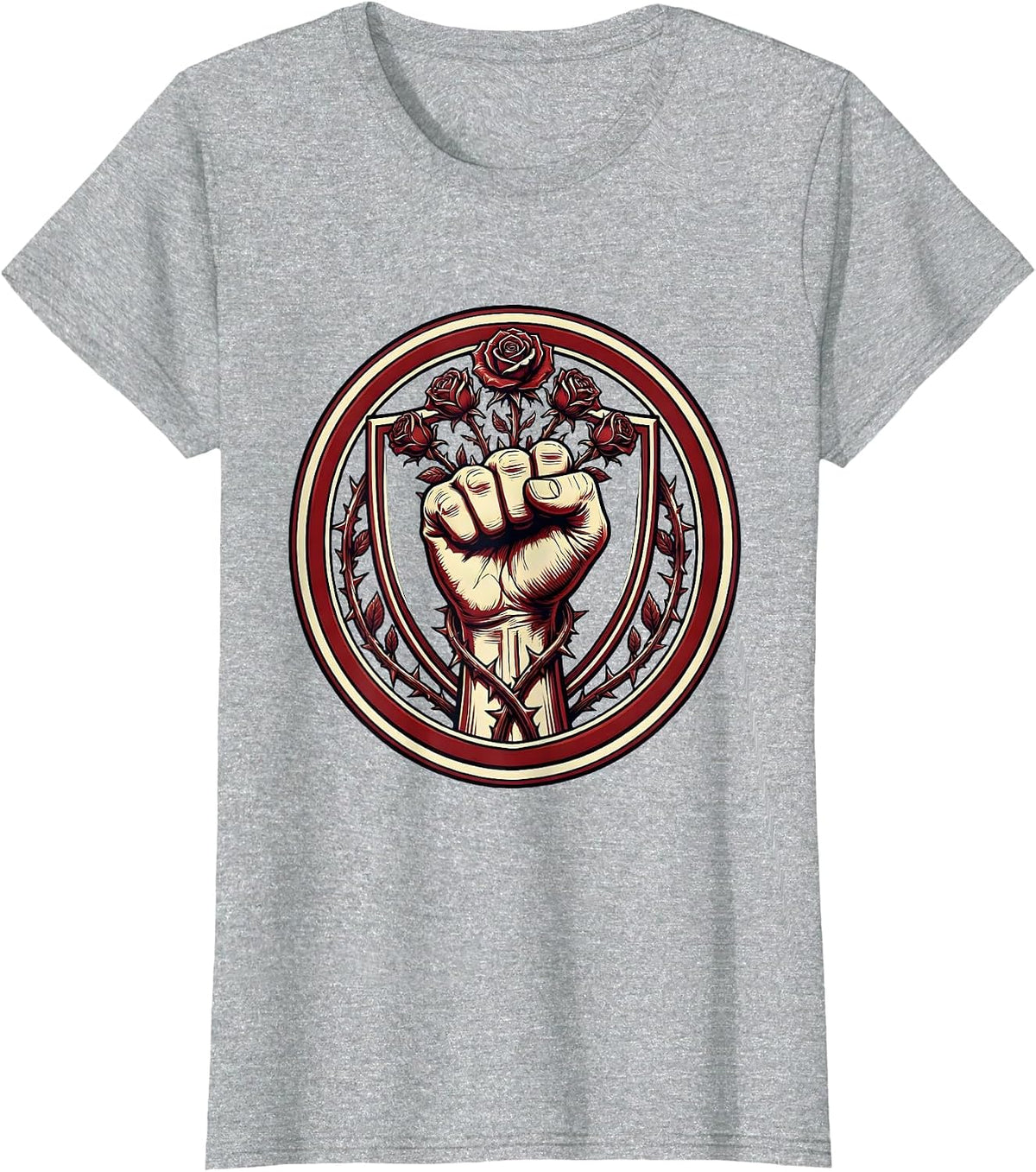 Clenched Fist With Roses Graphic Design T-Shirt - Heather Grey
