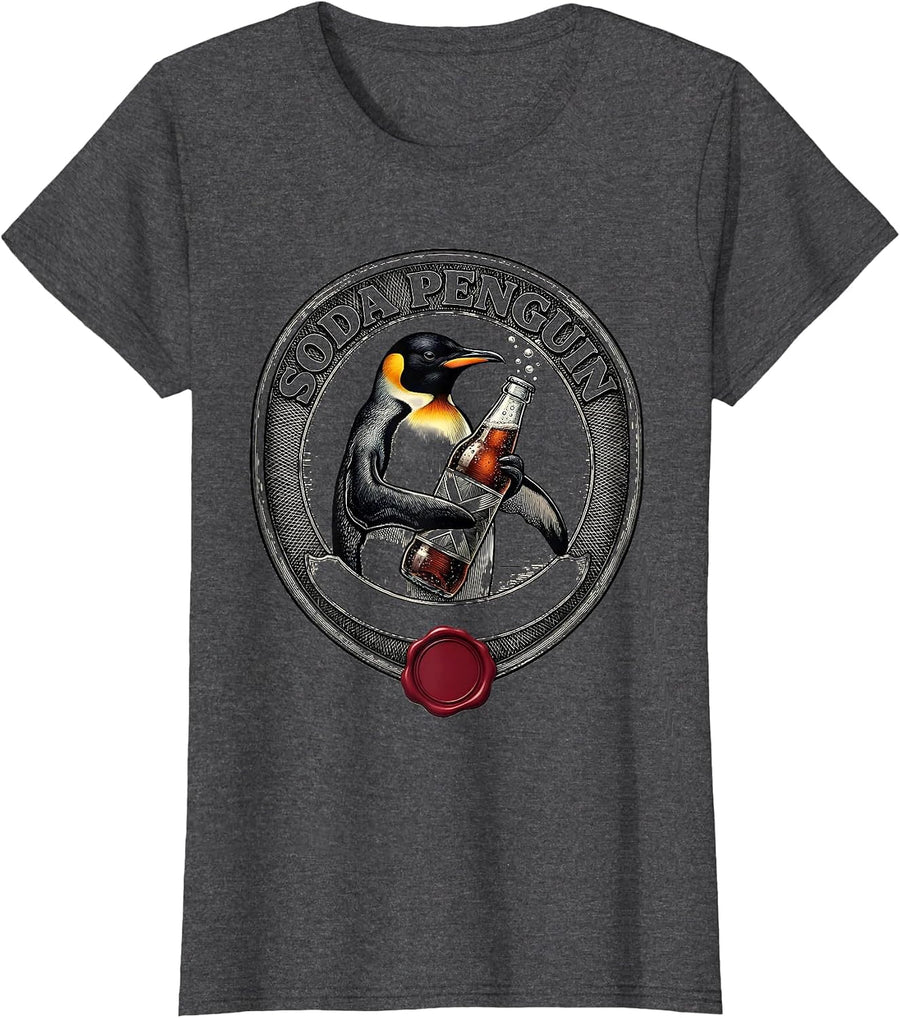 Women's Soda Penguin Crosshatch Etching Retro Japanese Pop Culture T-Shirt - Dark Heather Grey