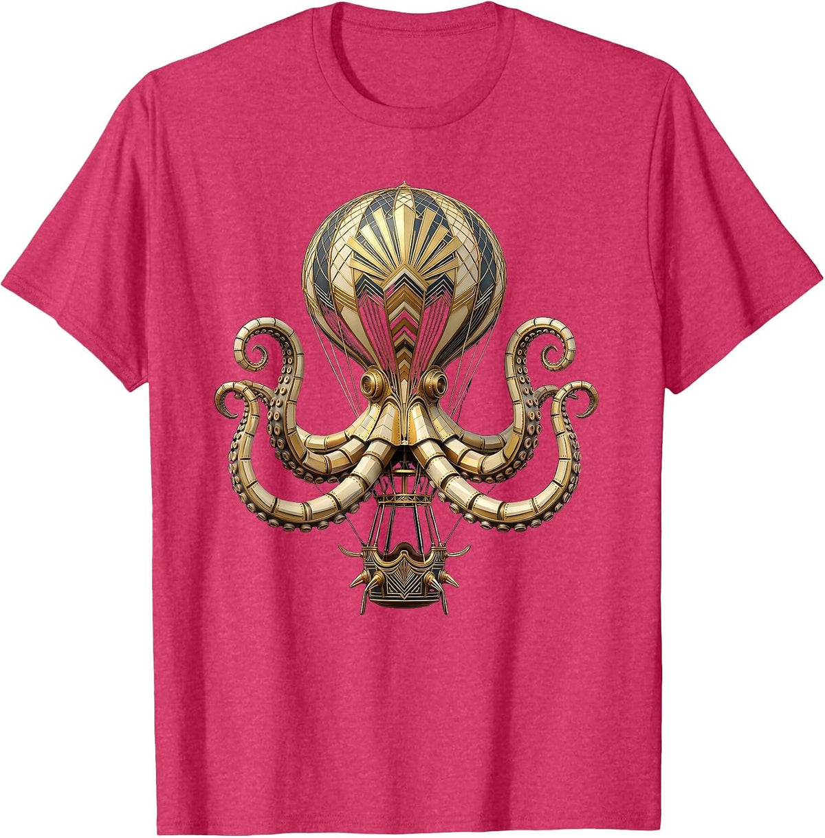 Men's Steampunk Octopus Gripping a Hot Air Balloon T-Shirt - Red Heather