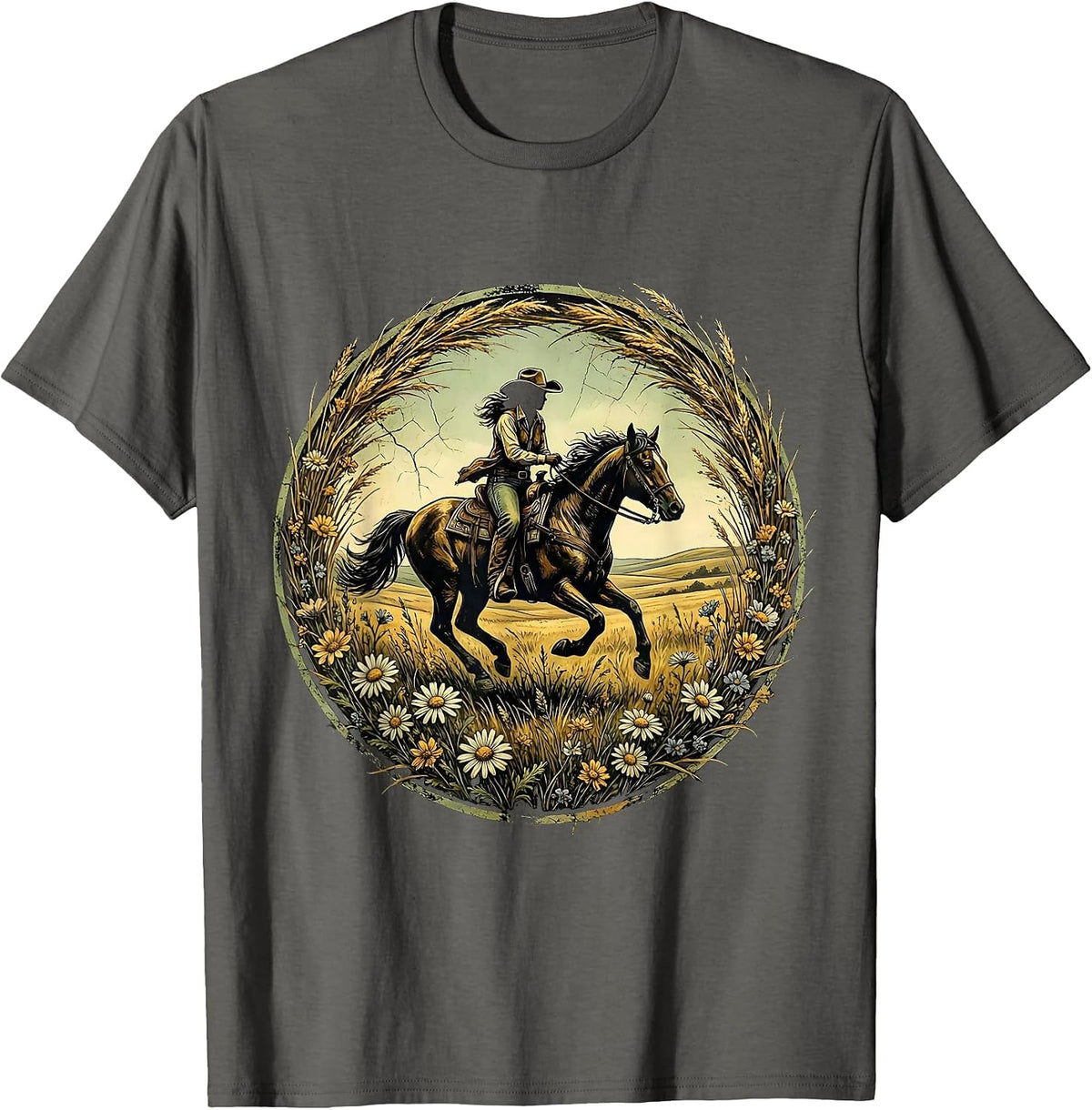 Cowgirl Galloping Horse Through Open Meadow T-Shirt - Asphalt Grey