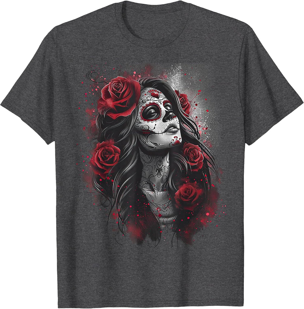 Cute Sugar Woman Day of the Dead Pink Girl T-Shirt - Dark Heather Grey