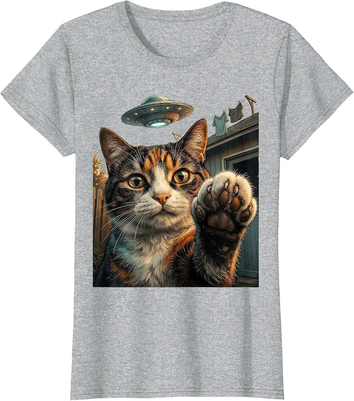 Women's Startled Cat UFO Selfie Funny Cat Lover Gift T-Shirt - Heather Grey